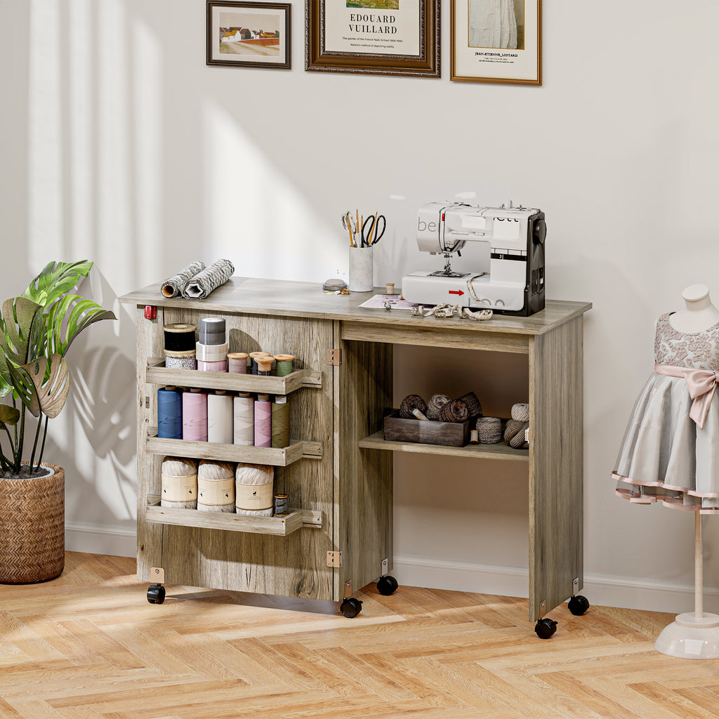 Sewing Machine Cabinet, Folding Sewing Table with Storage Shelf, Bins and Lockable Wheels for Small Space, White