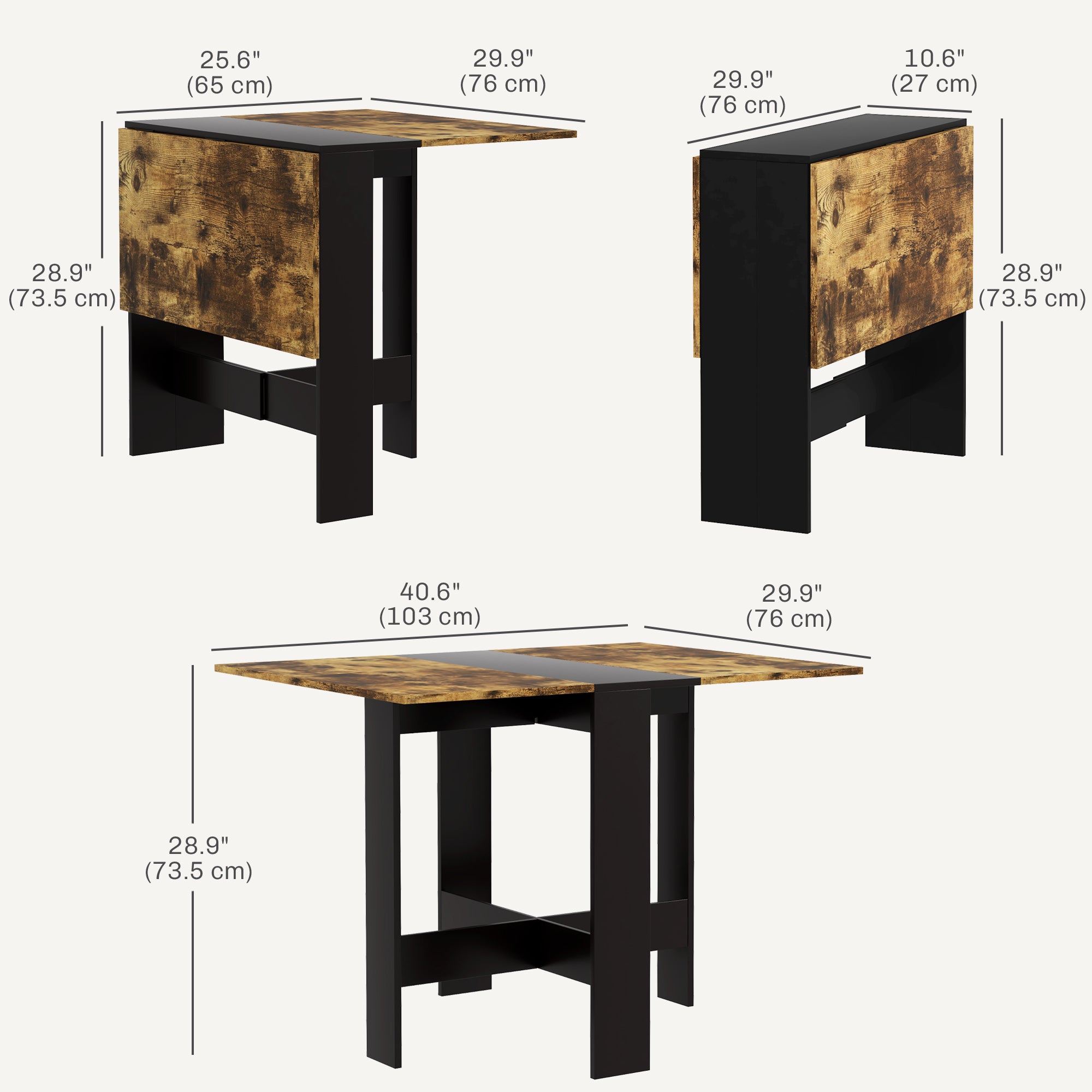 Drop Leaf Dining Table Wood Folding Table Multi-Use Side Table Dining Desk Space Saving Table, Rustic Brown and Black