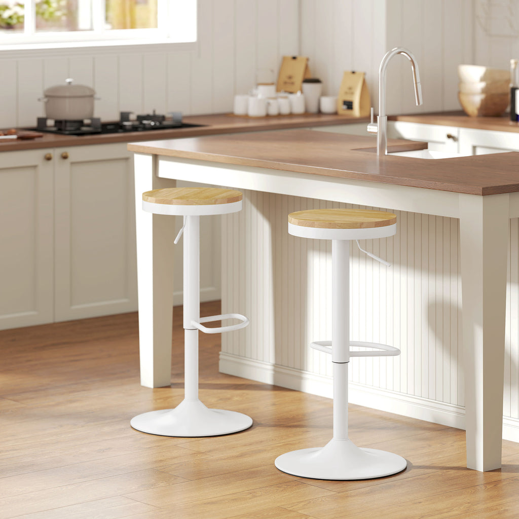 Wood Barstools Set of 2, Swivel Bar Stools with Adjustable Height for Kitchen Counter, Natural Wood and White