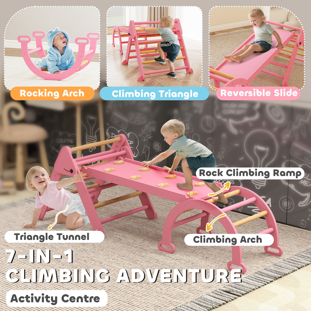 Qaba 7-in-1 Pikler Triangle Set, Foldable Wooden Climbing Toys with Arch, Ramp and Ladder for Toddlers 1-4 Years, Pink
