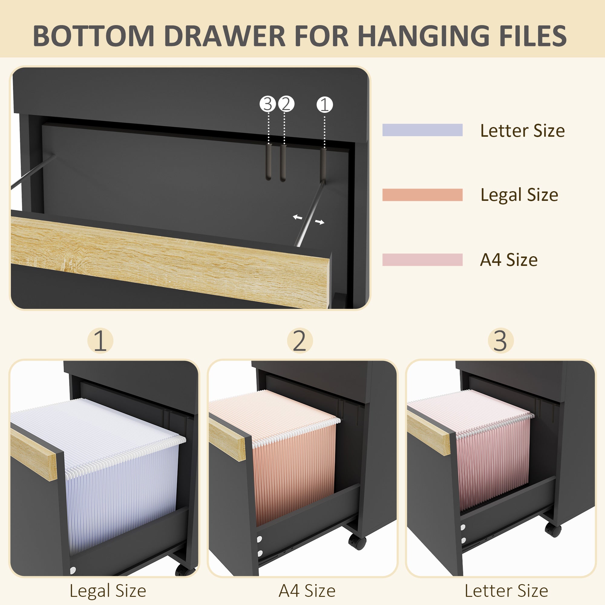 ሞባይል ፋይሊንግ ካቢኔት ምስ 2 መሳልብታት፣ ኦፊስ ስቶሬጅ ካቢኔት ምስ 5 ዊልስ፣ ጸሊም ዕጨይሽ ምስሊ
