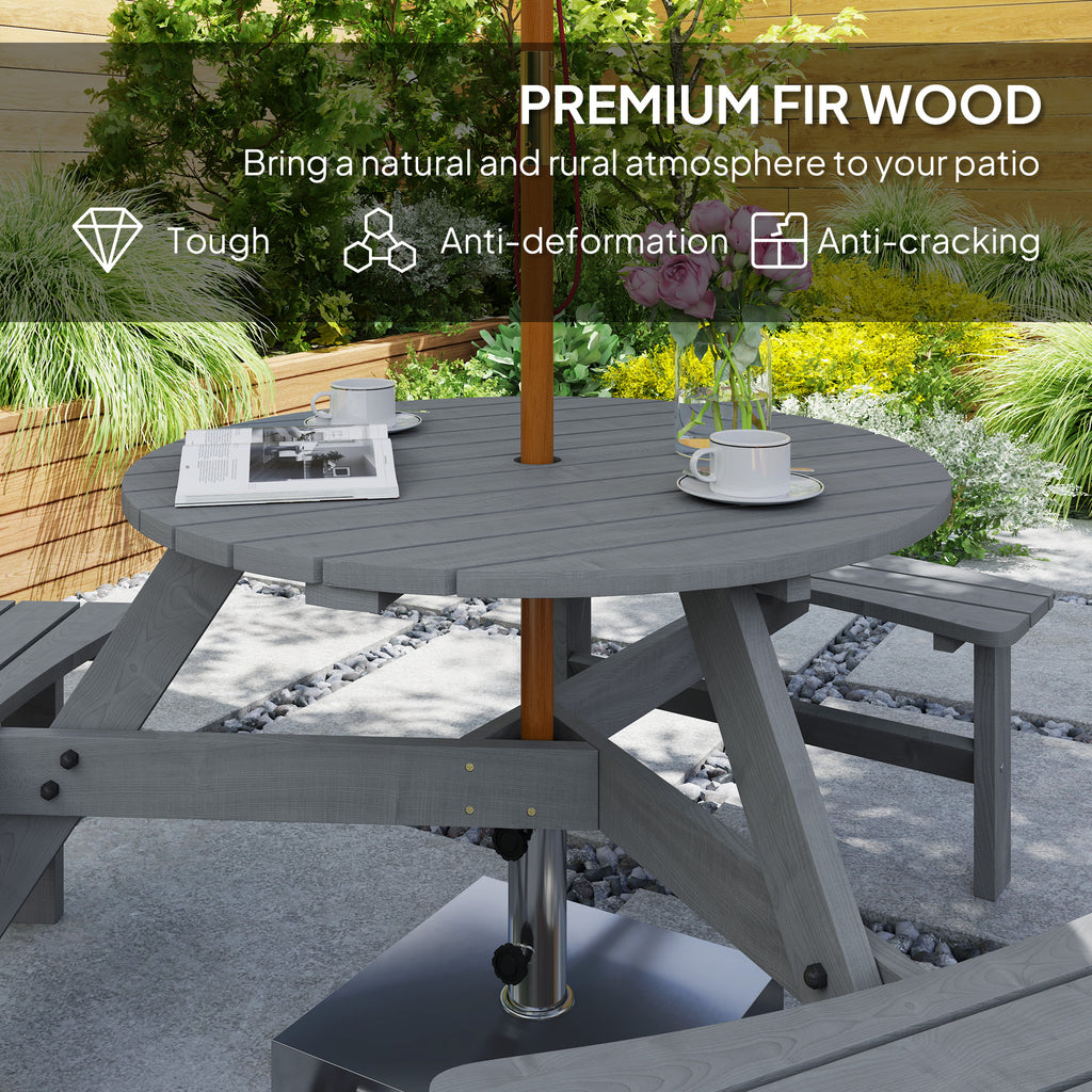 6 Person Round Picnic Table Bench Set with Umbrella Hole, Wood Patio Table with 3 Built-in Benches for Garden, Deck, Backyard, Brown