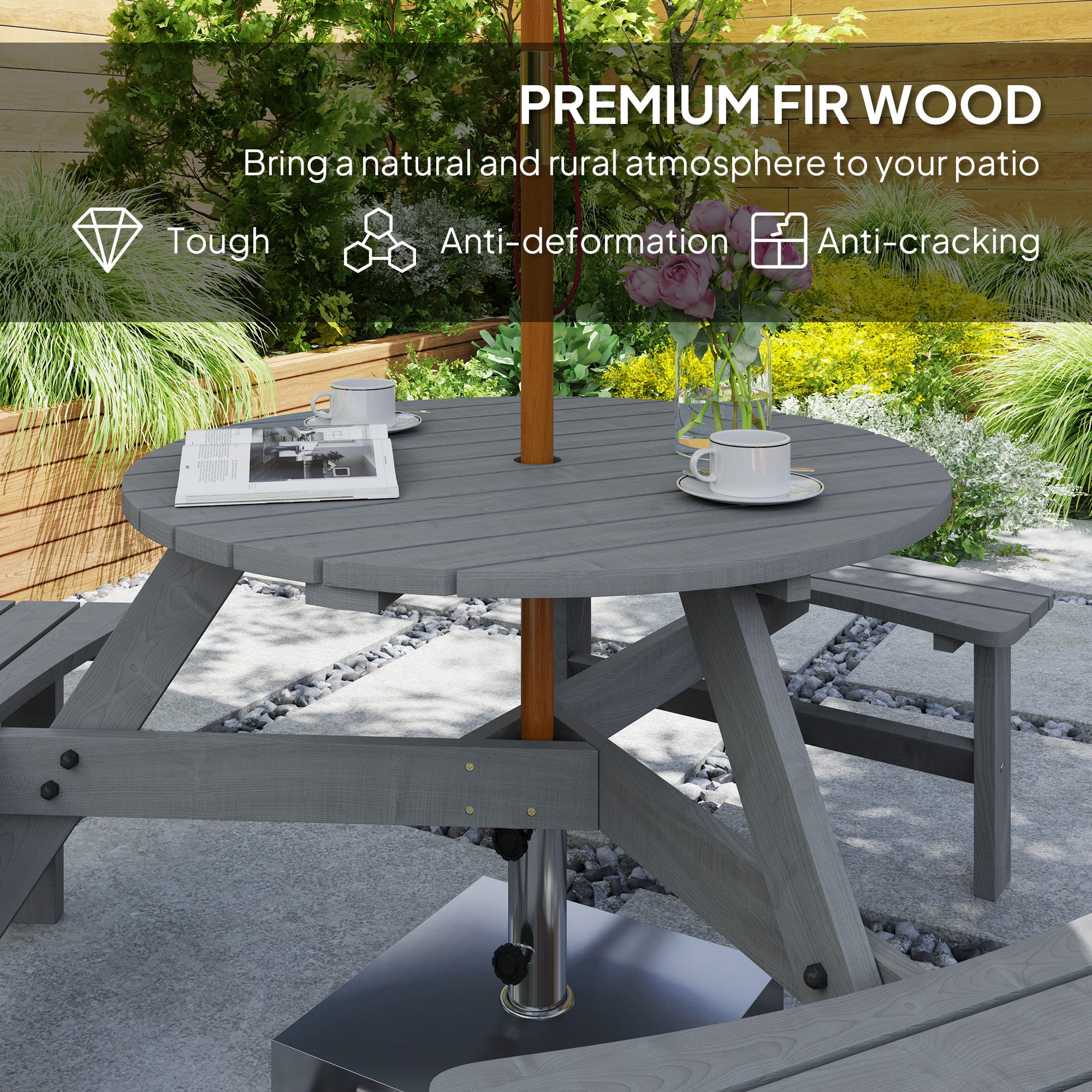 6 Person Round Picnic Table Bench Set with Umbrella Hole, Wood Patio Table with 3 Built-in Benches for Garden, Deck, Backyard, Brown
