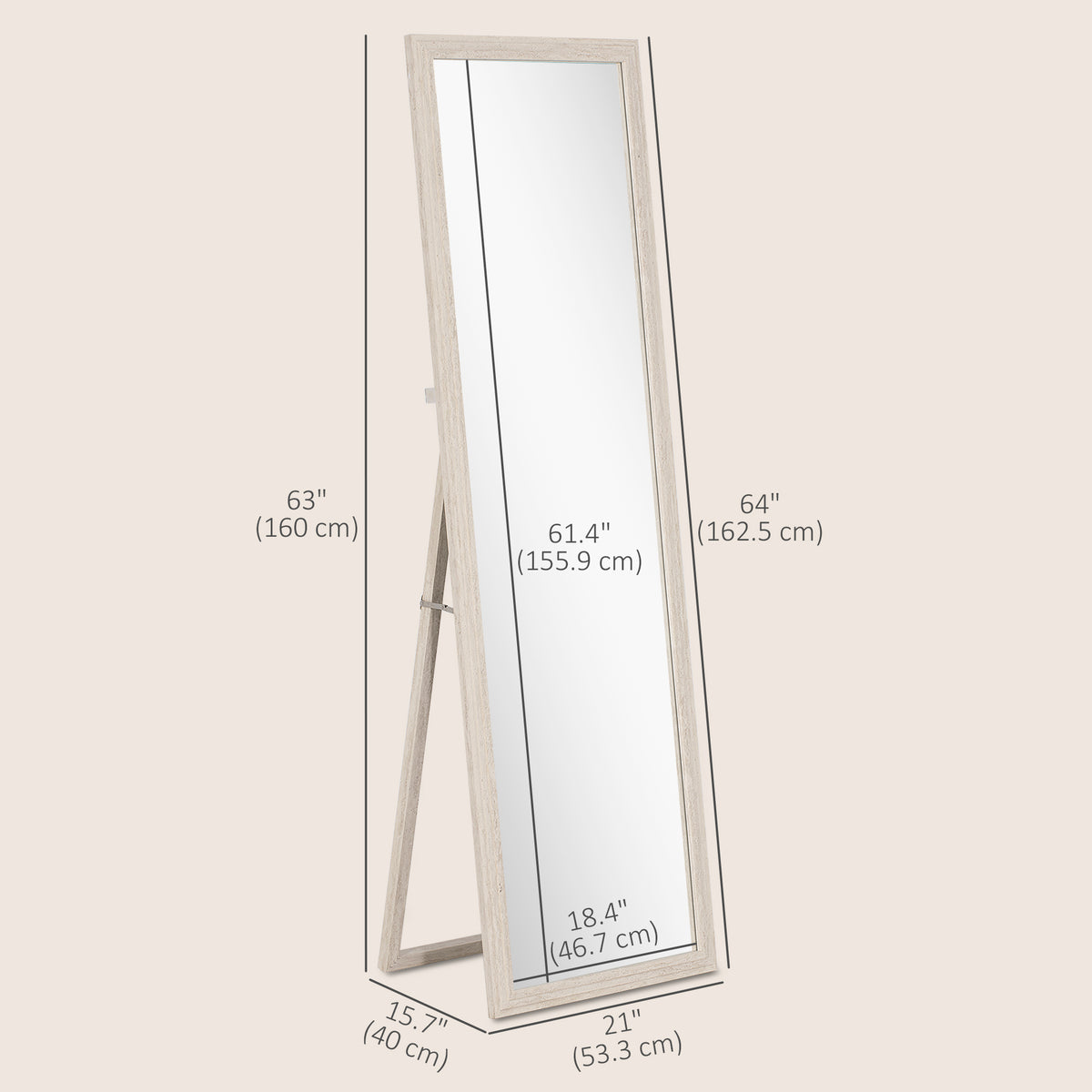 64" x 21" ምሉእ ቁመት መስታወት፡ ቆማ፡ ኣብ መንደቕ ዝተሰቕለ ወይ ኣብ መንደቕ ዝተደገፈ፡ ንክፍሊ ድቃስ፡ ንክፍሊ መደበር፡ ጻዕዳ።