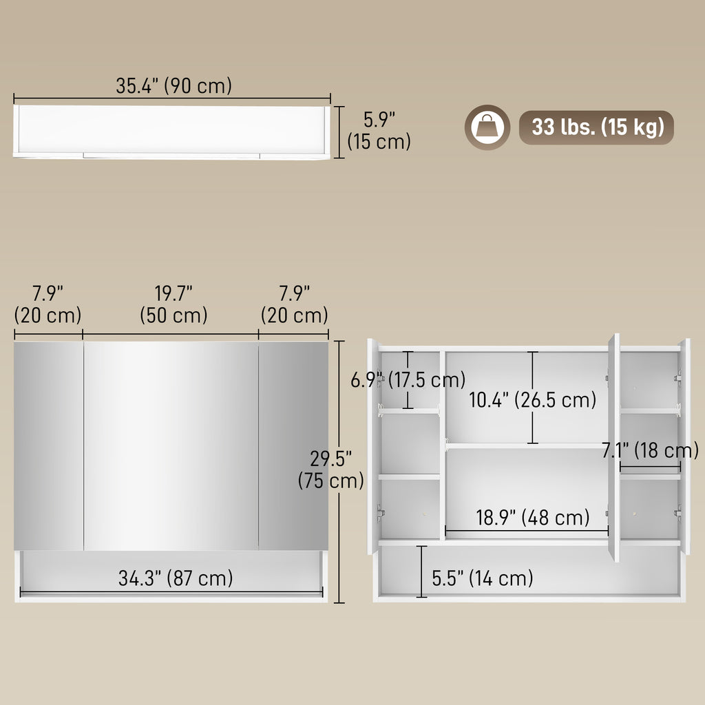 Wall Mounted Bathroom Medicine Cabinet with Mirror and Adjustable Shelves, Grey