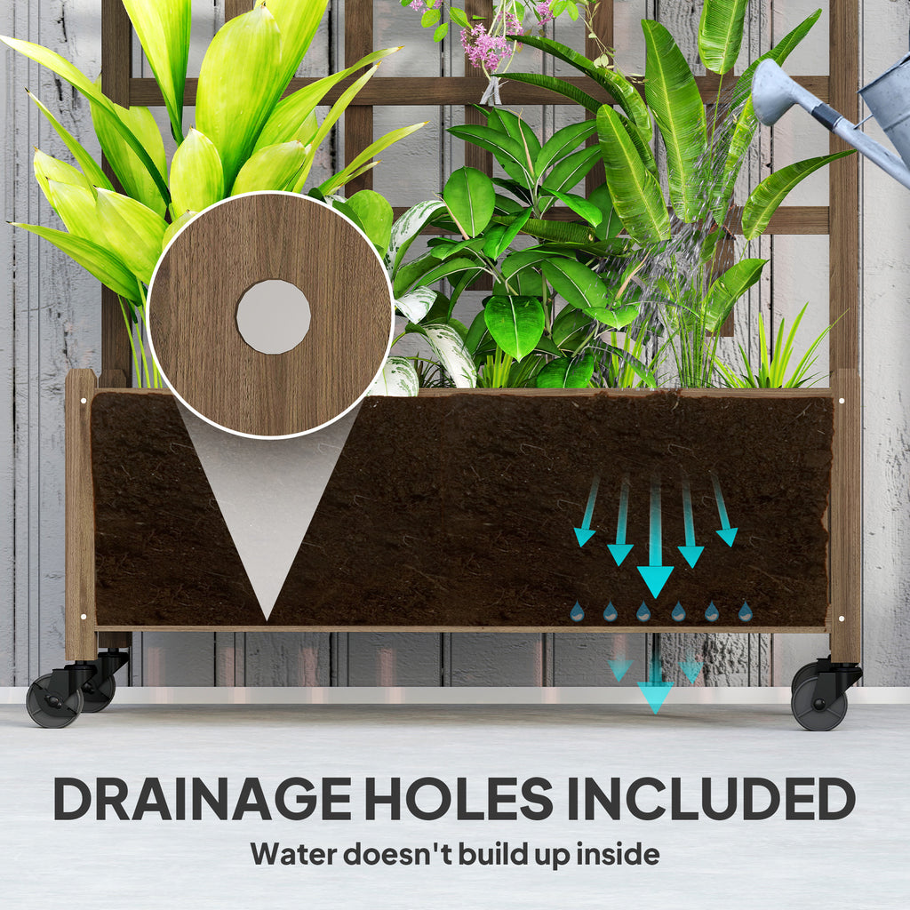 Wooden Planter with Trellis, Raised Garden Bed with Wheels, Drainage Holes for Climbing Plants, Flowers, Brown
