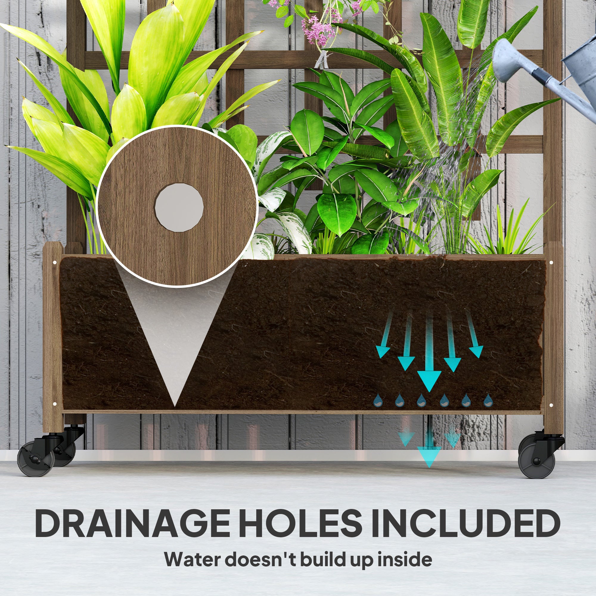Wooden Planter with Trellis, Raised Garden Bed with Wheels, Drainage Holes for Climbing Plants, Flowers, Brown