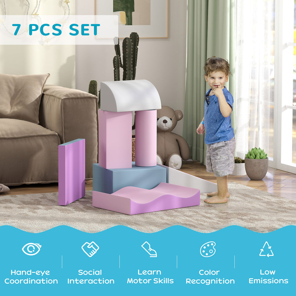Soozier 7 Pieces Soft Play Foam Climbing Blocks, Indoor Modular Kids Play Toys for Climbing, Crawling, Sliding, Light Colour