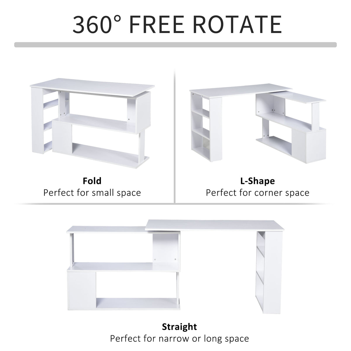 47" ኤል ቅርጺ ዴስክ፣ 360° ዝምልልስ ኮርነር ዴስክ፣ ዝተለዋወጥ ኮምፒውተር ጽሑፍ ጣውላ ስራሕ ቦታ ምስ መደብሪ ሸልፍ ንቤት ቢሮ፣ ጻዕዳ
