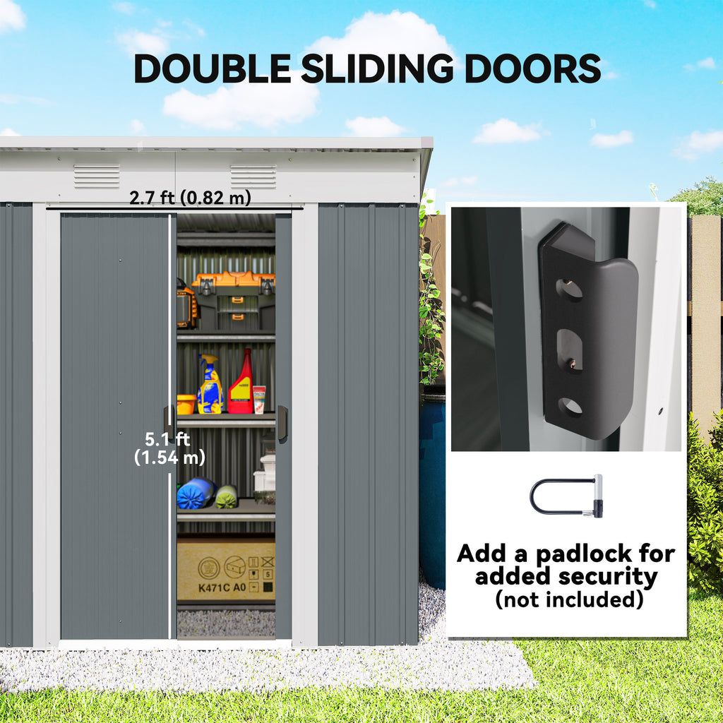 7' x 4' Outdoor Storage Shed, Metal Garden Shed with Lockable Sliding Doors and Vents, Grey