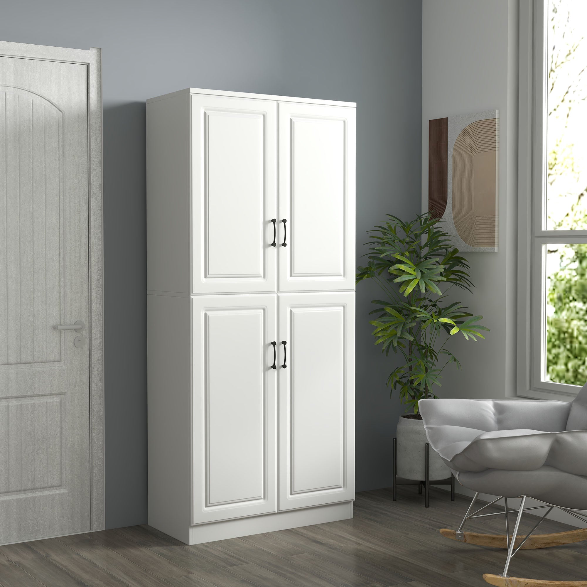 71" Freestanding Kitchen Pantry Cabinet, Storage Cabinet with 4 Hinged Doors and Adjustable Shelves, White