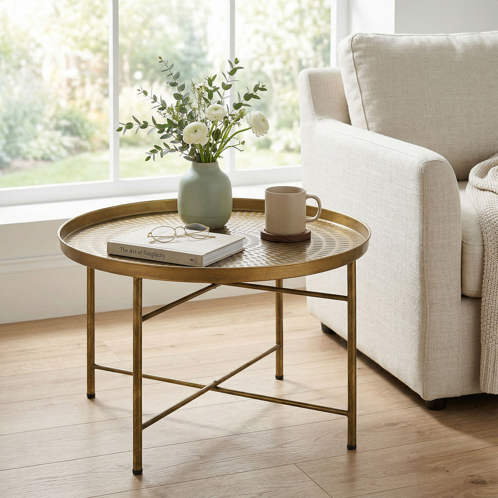 Vintage Coffee Table for Living Room, 24" Round Center Table with Hammered Tray Top and Metal Frame, Gold