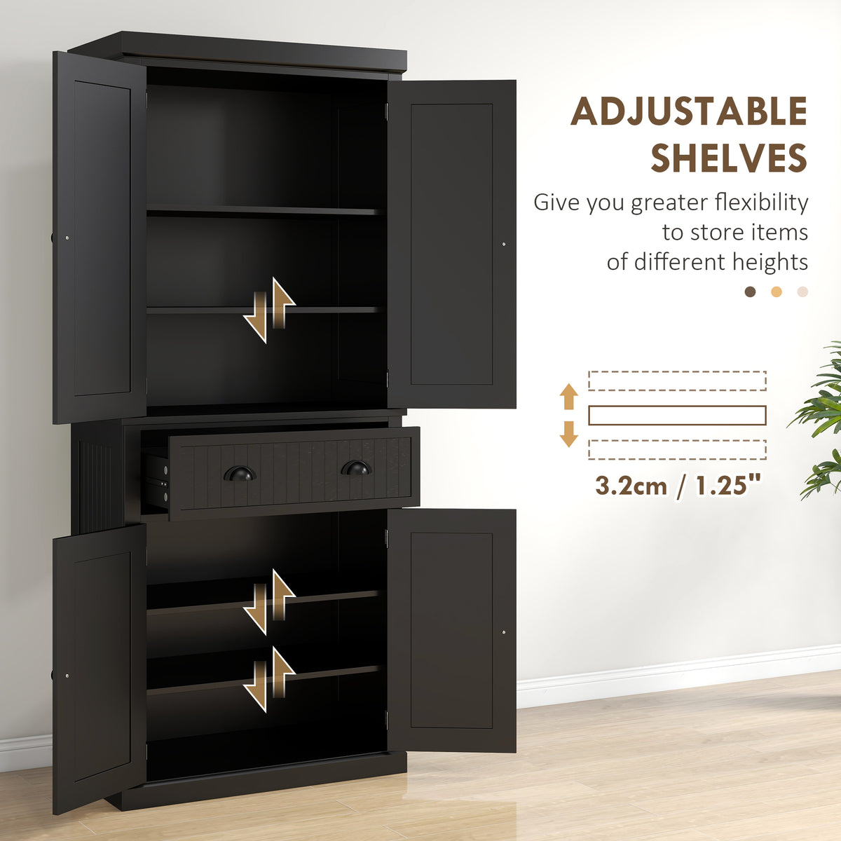 72" Kitchen Pantry, Freestanding Storage Cabinet with Drawer, Doors, Black