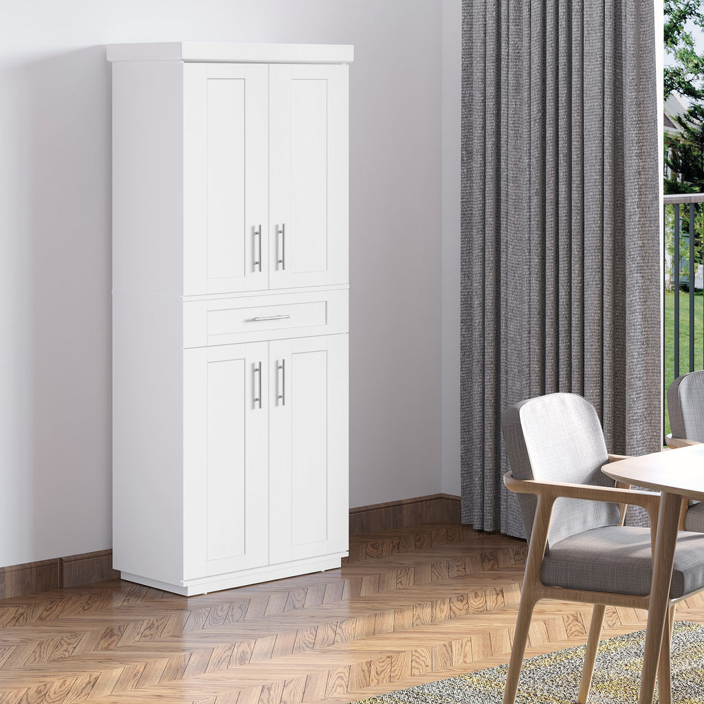 72" Storage Cabinet, Freestanding Kitchen Pantry Cabinet with 4 Doors, Drawer and 3 Adjustable Shelves, White