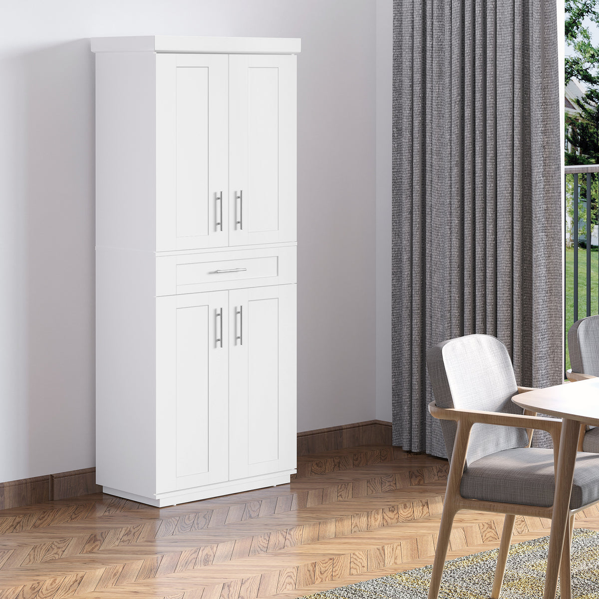 72" Storage Cabinet, Freestanding Kitchen Pantry Cabinet with 4 Doors, Drawer and 3 Adjustable Shelves, White
