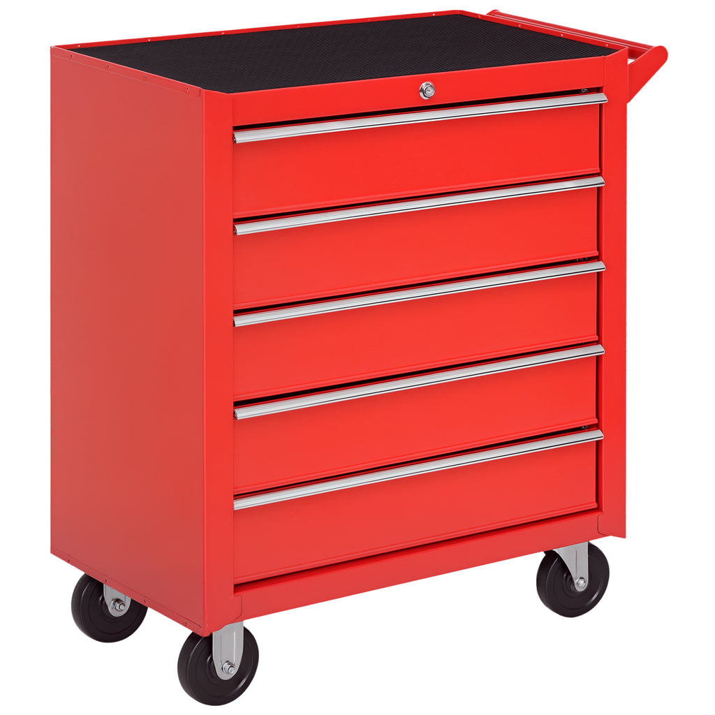 5 Drawer Roller Tool Chest, Mobile Lockable Toolbox, Storage Organizer with Handle for Workshop Mechanics Garage, Red
