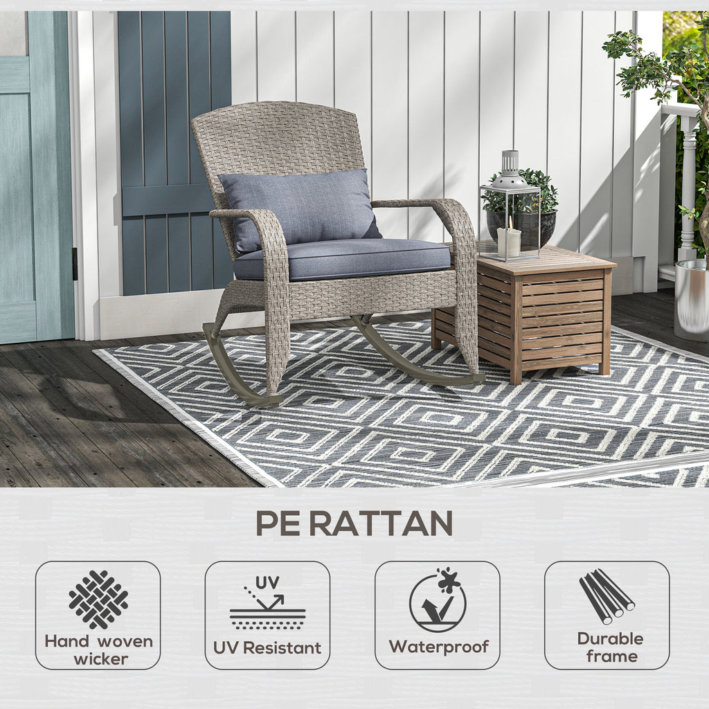 Adirondack Chair, Outdoor Wicker Rocking Chair with High Back, Seat Cushion and Pillow for Porch, Balcony, Grey/Yellow