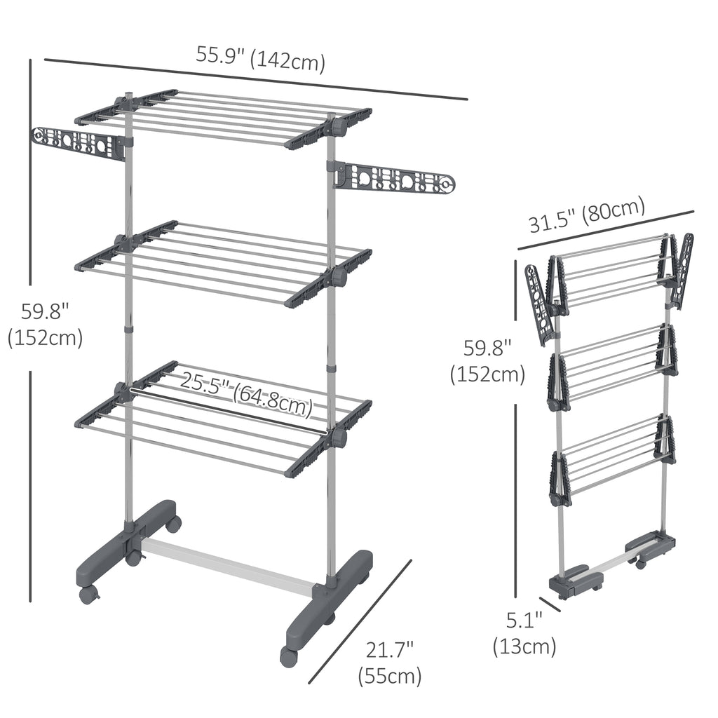 3-Tier Foldable Clothes Drying Rack, Stainless Steel Laundry Rack with 2 Side Wings and 6 Castors, Collapsible Adjustable Clothes Airer for Indoor Outdoor, White
