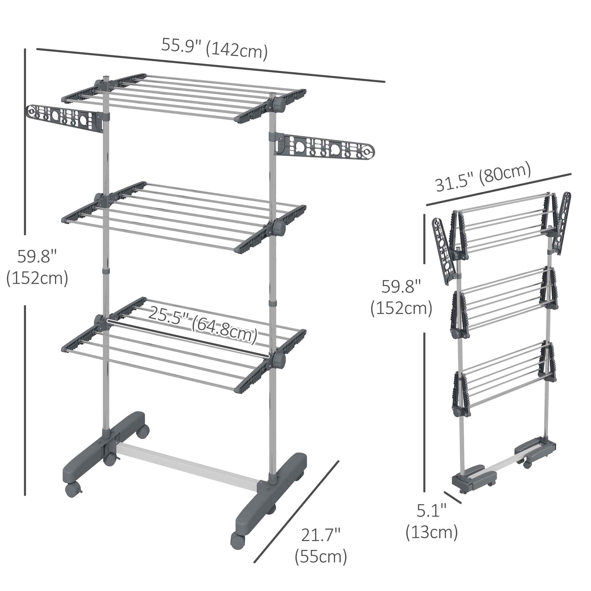 3-Tier Foldable Clothes Drying Rack, Stainless Steel Laundry Rack with 2 Side Wings and 6 Castors, Collapsible Adjustable Clothes Airer for Indoor Outdoor, White