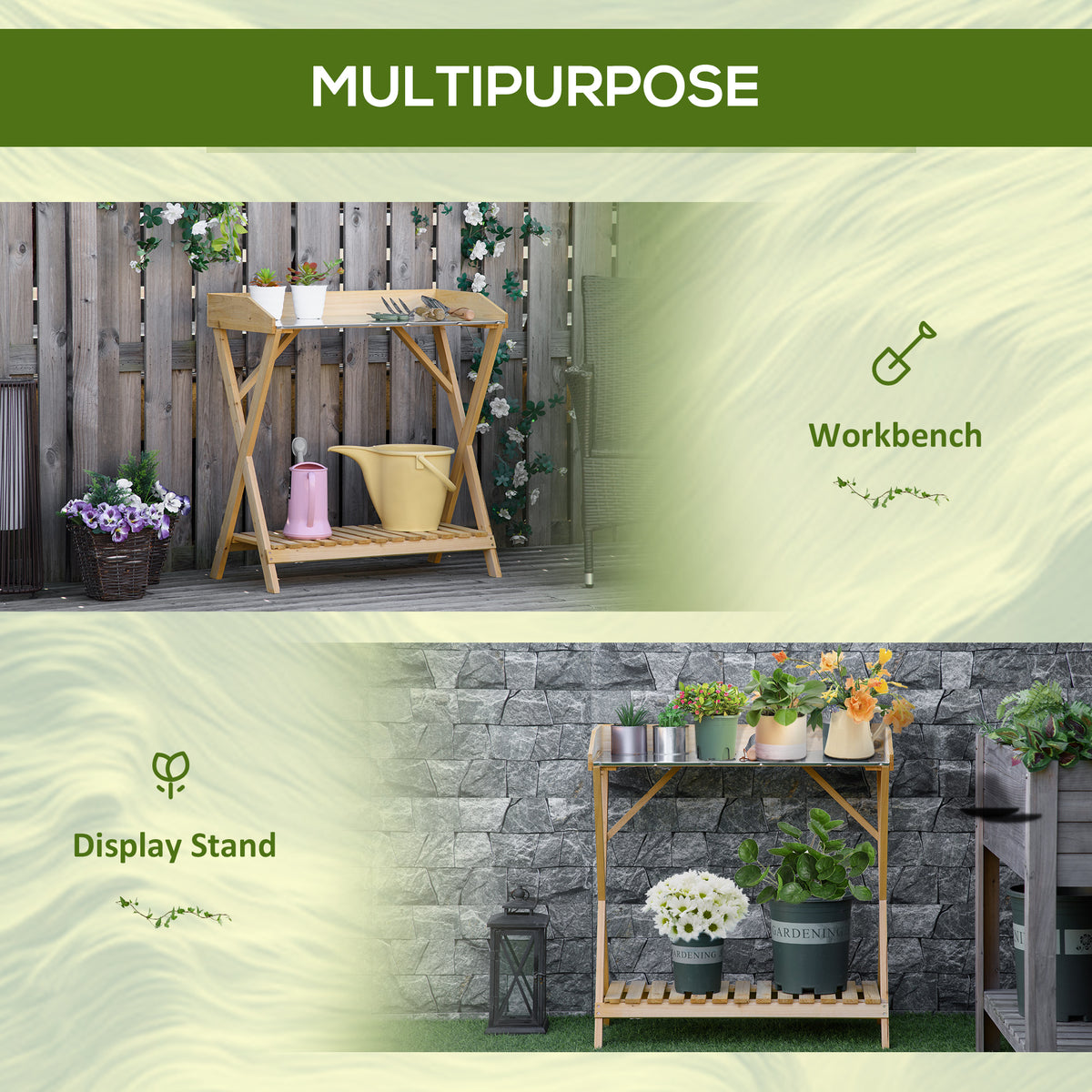 Garden Potting Bench Table, Wooden Work Station, Outdoor Planting Workbench w/ Galvanized Metal Tabletop and Storage Shelf