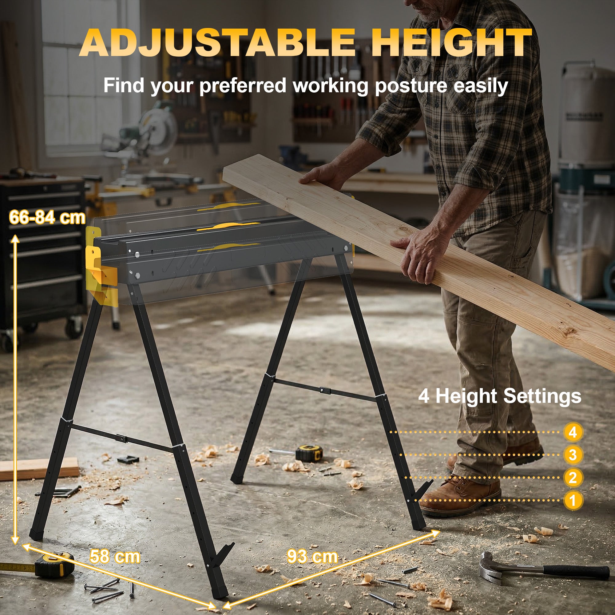 Mitre Saw Stands, Sawhorses with Height Adjustable Legs, 2x4 Bracket, Carry Handle, Black