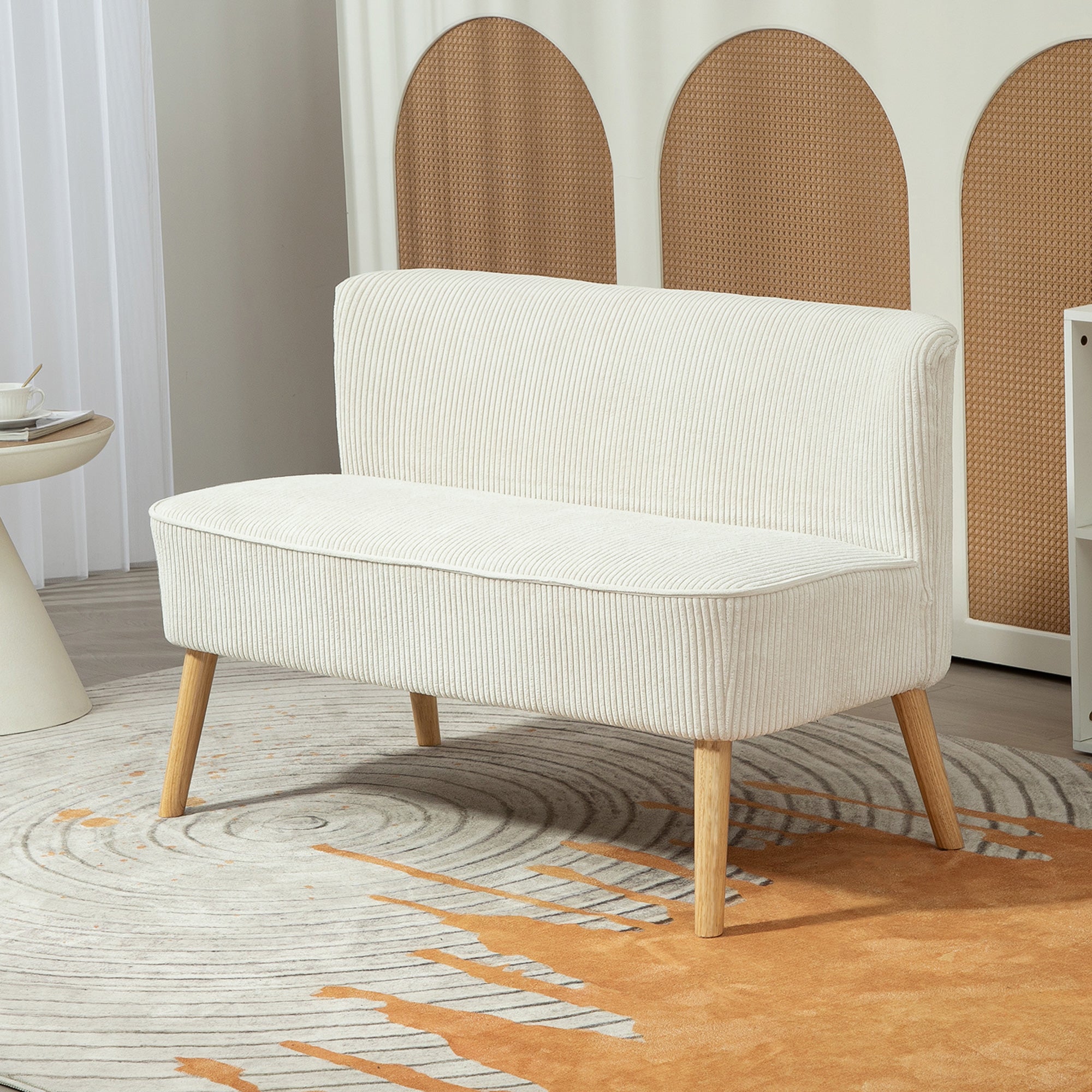 Modern 2 Seater Sofa, Upholstered Two Seater Couch with Rubber Wood Legs, Cream White