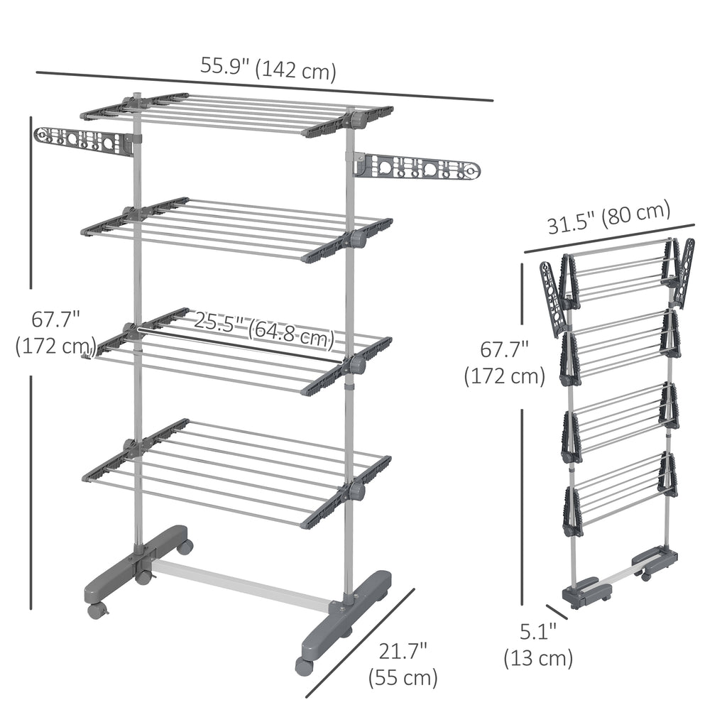 Garment Drying Rack Stainless Steel Folding Clothes Hanging Rack with Side Wings Castors for Indoor Outdoor White