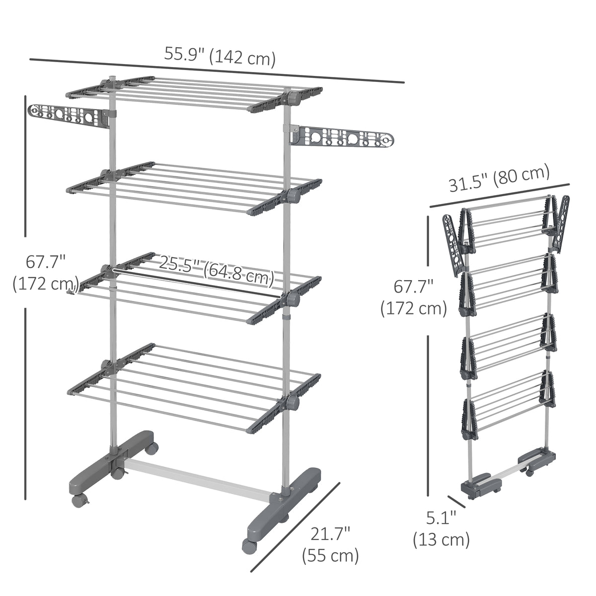 Garment Drying Rack Stainless Steel Folding Clothes Hanging Rack with Side Wings Castors for Indoor Outdoor White