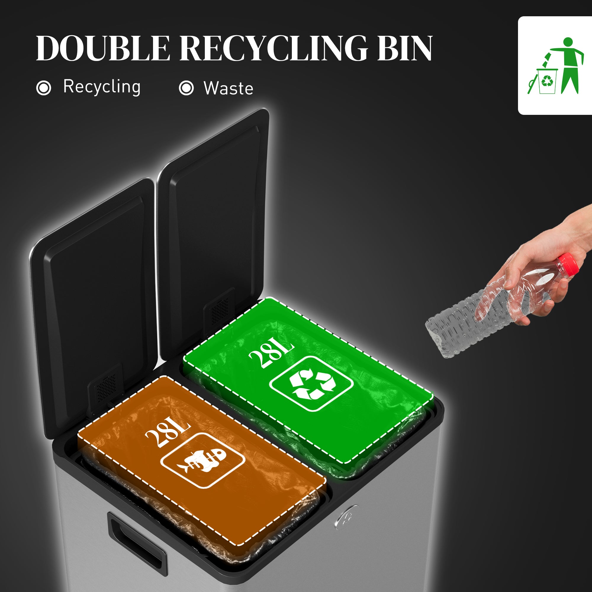 Dual Garbage Bin with Foot Pedal - 2 x 28 Litre Garbage Can with Removable Inner Buckets, Silver