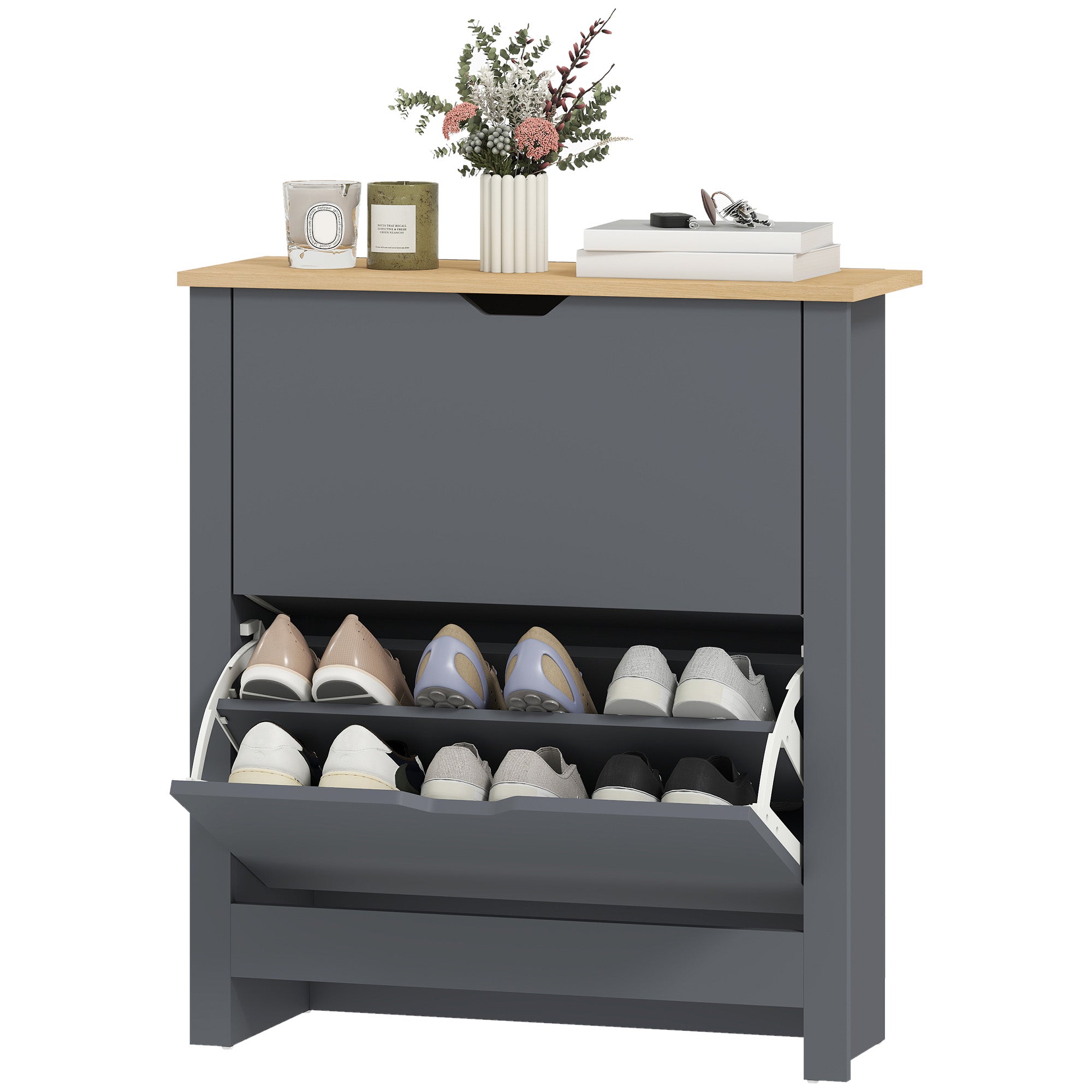 Shoe Storage Cabinet with 2 Flip Drawers and Adjustable Shelves for 8–12 Pairs of Shoes, Dark Grey