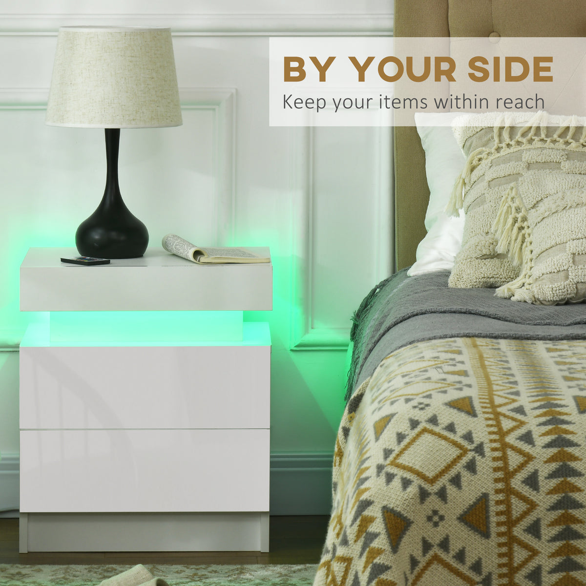 منضدة بجانب السرير، طاولة سرير مع أضواء LED ودرجين لغرفة النوم، غرفة المعيشة، أبيض