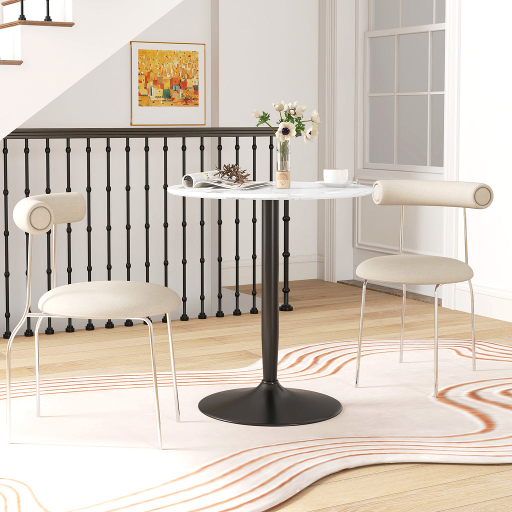 Modern Kitchen Table for 2 People, Round Dining Table with Steel Base for Living Room, Dining Room, White Marble