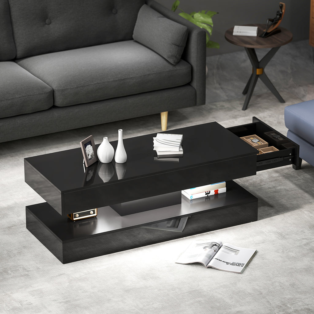 Coffee Table with Adjustable LED Lights, Modern Living Room Table with 2 Drawers, Open Shelf, Remote, High Gloss White