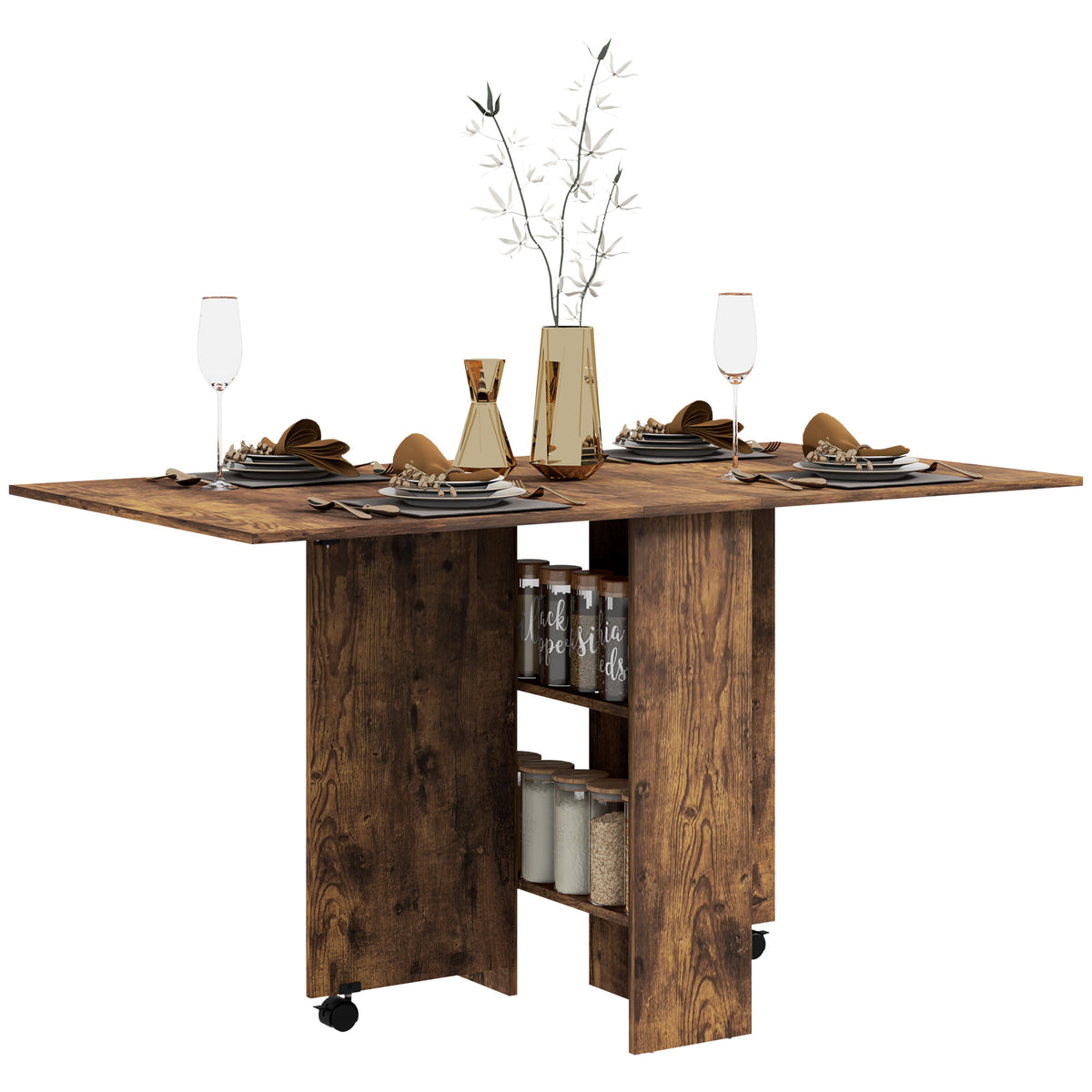 Extendable Dining Table, Collapsible Folding Table w/ 2-tier Shelves and Rolling Casters, Rustic Brown
