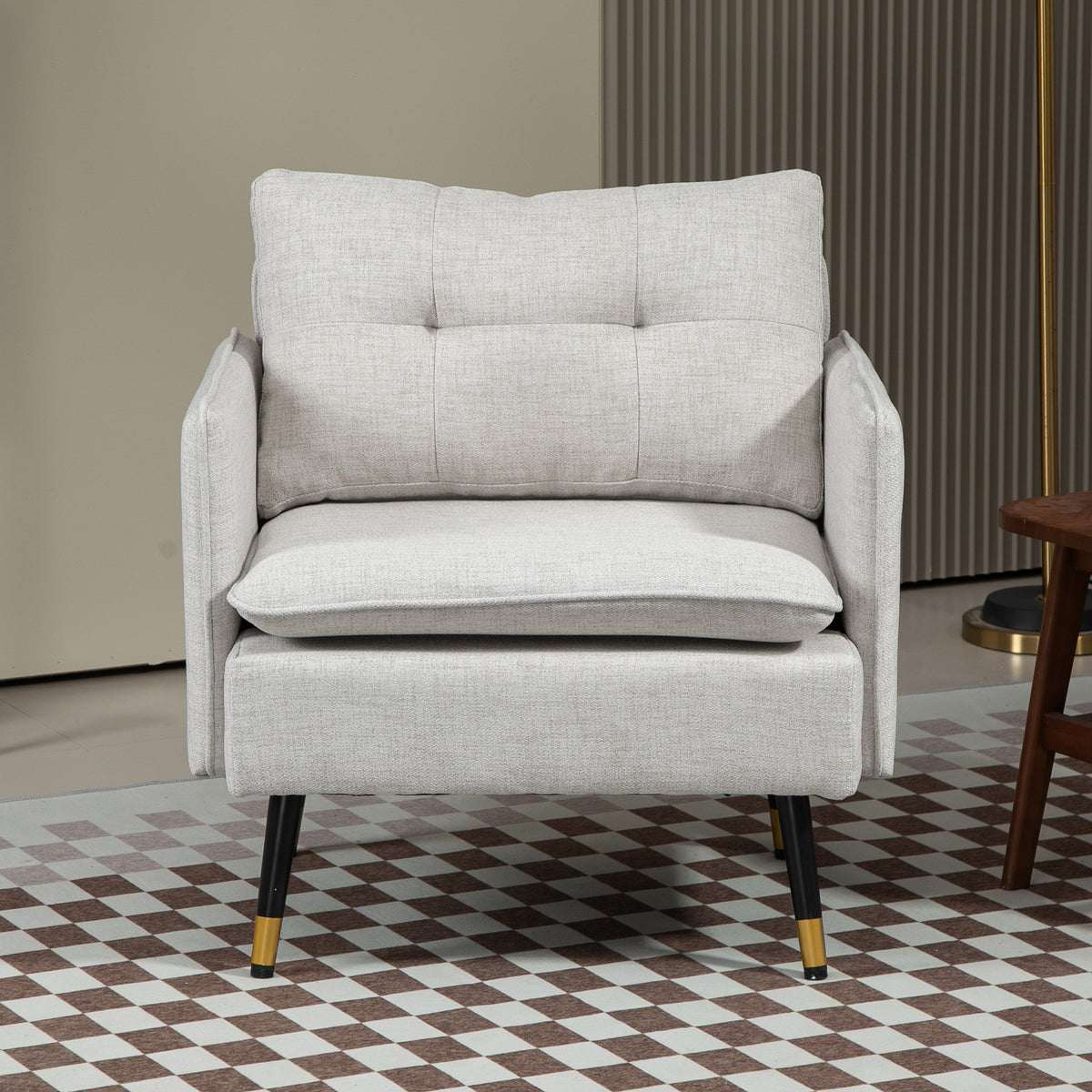 Accent Chair, Upholstered Armchair with Tufted Back Cushion and Steel Legs for Living Room, Bedroom, Cream White