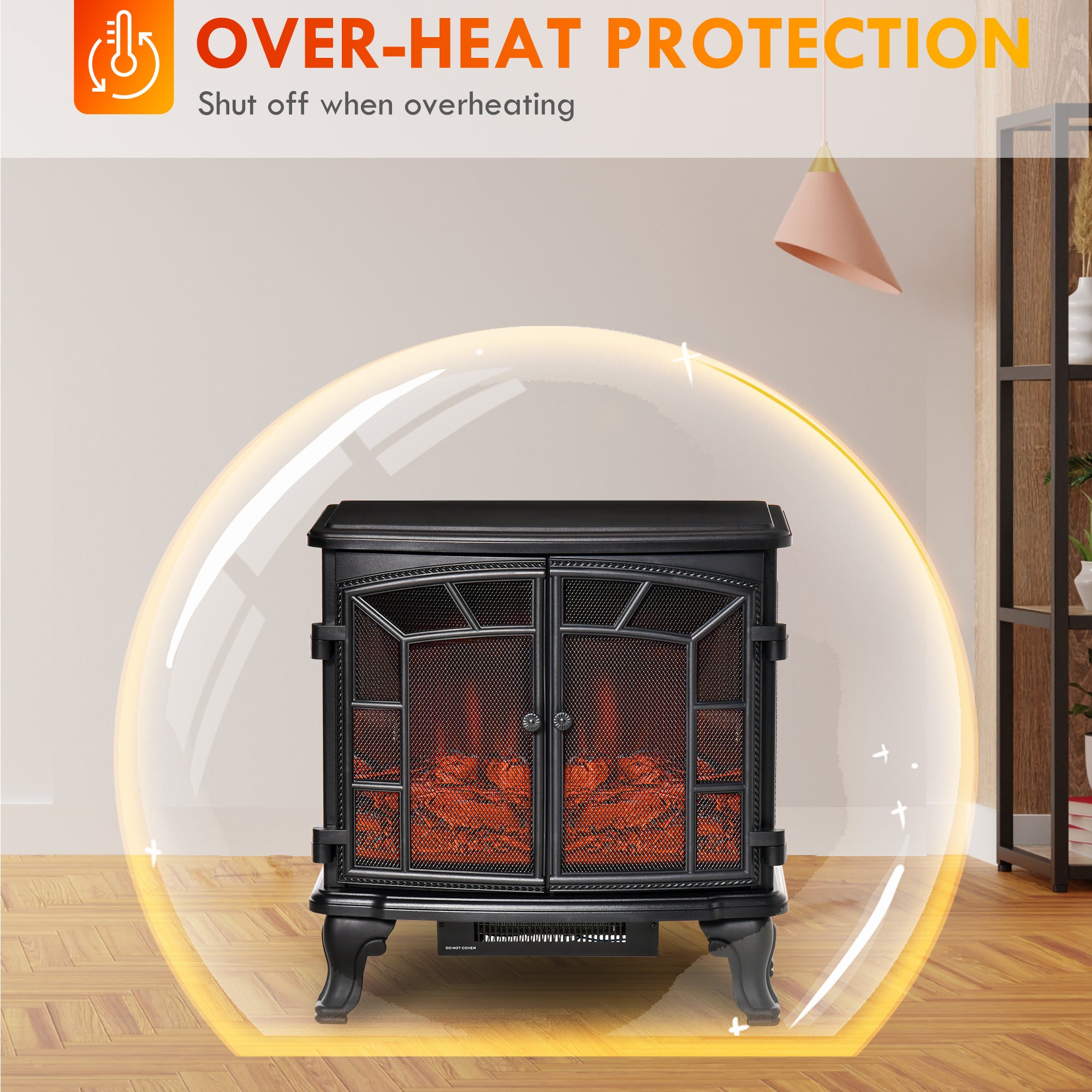 Electric Fireplace Heater, Freestanding Fireplace Stove with Realistic Flame Effect, Timer, Overheating Protection, 750W/1500W, Black