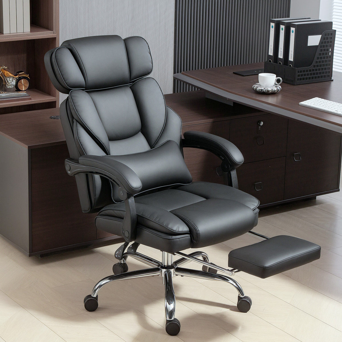 PU Leather Office Chair, Reclining Desk Chair with Footrest, Adjustable Headrest, Lumbar Support, Swivel Wheels, Black