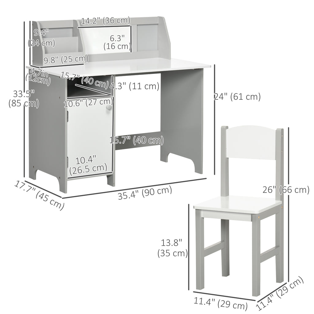 Qaba 2Pcs Kids Desk and Chair Set with Whiteboard, Storage, Shelves, Grey