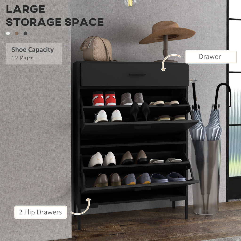 Modern Shoe Cabinet Storage 12 Pair Shoe Organizer with 2 Flip Doors Drawer and Adjustable Shelf White