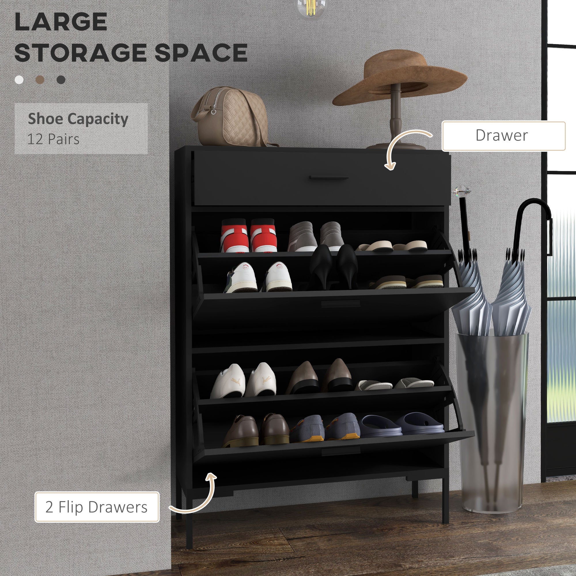 Modern Shoe Cabinet Storage 12 Pair Shoe Organizer with 2 Flip Doors Drawer and Adjustable Shelf White