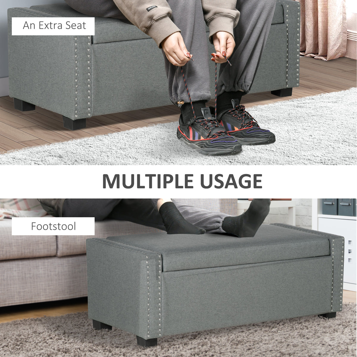Upholstered Flip Top Storage Bench Fabric Ottoman for Bedroom, Living room, Light Grey
