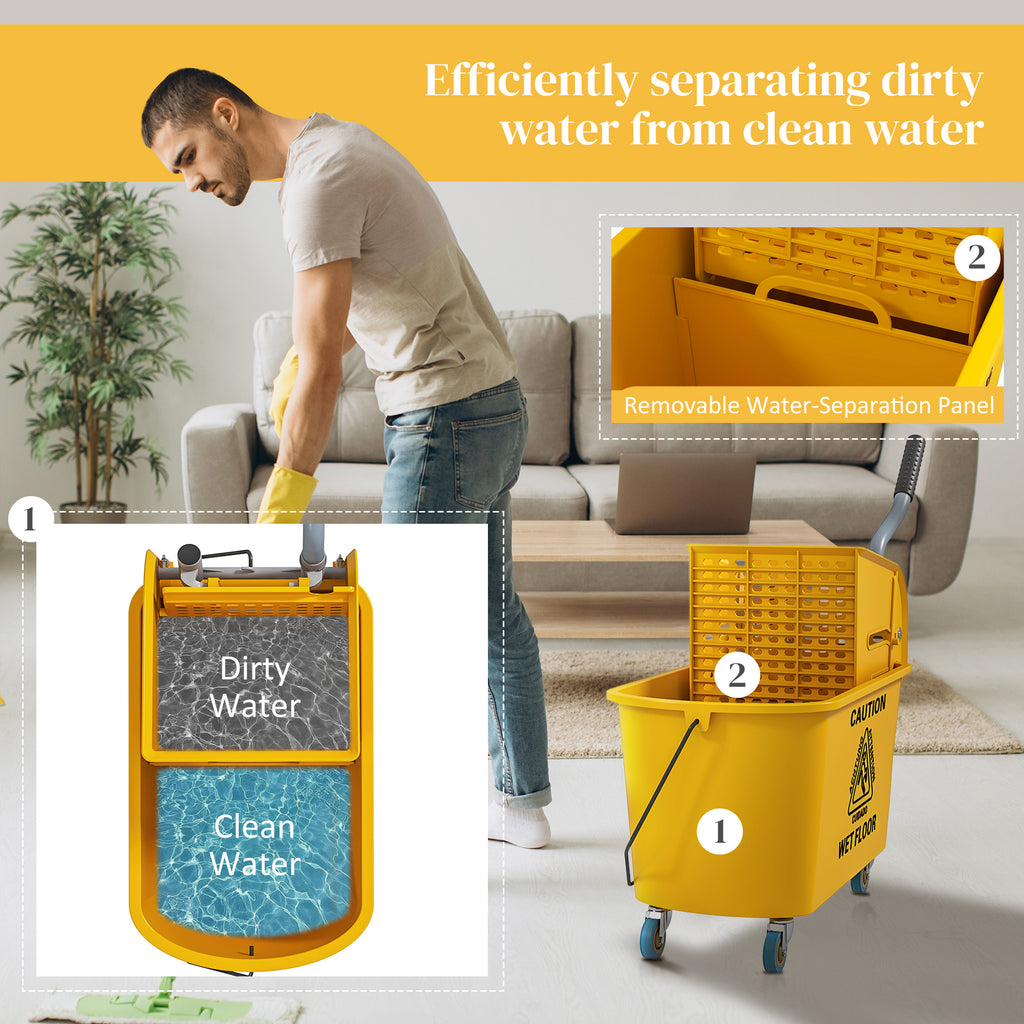 Mop Bucket with Wringer on Wheels for Floor Cleaning, 21 Quart Side Press Wringer with Handle and Mop, Yellow