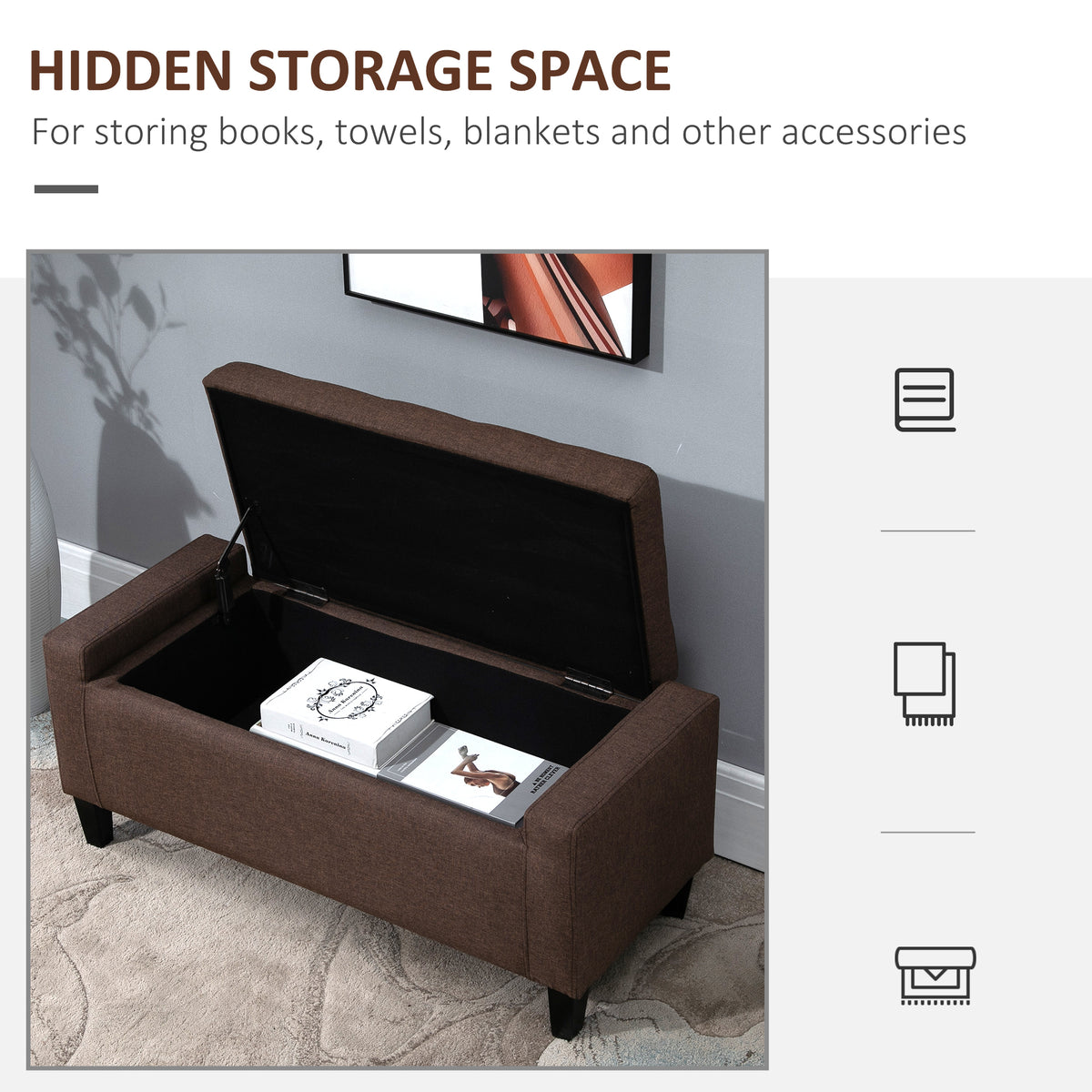 Storage Ottoman Bench, Linen Upholstered Bench with Tufted Design, Brown