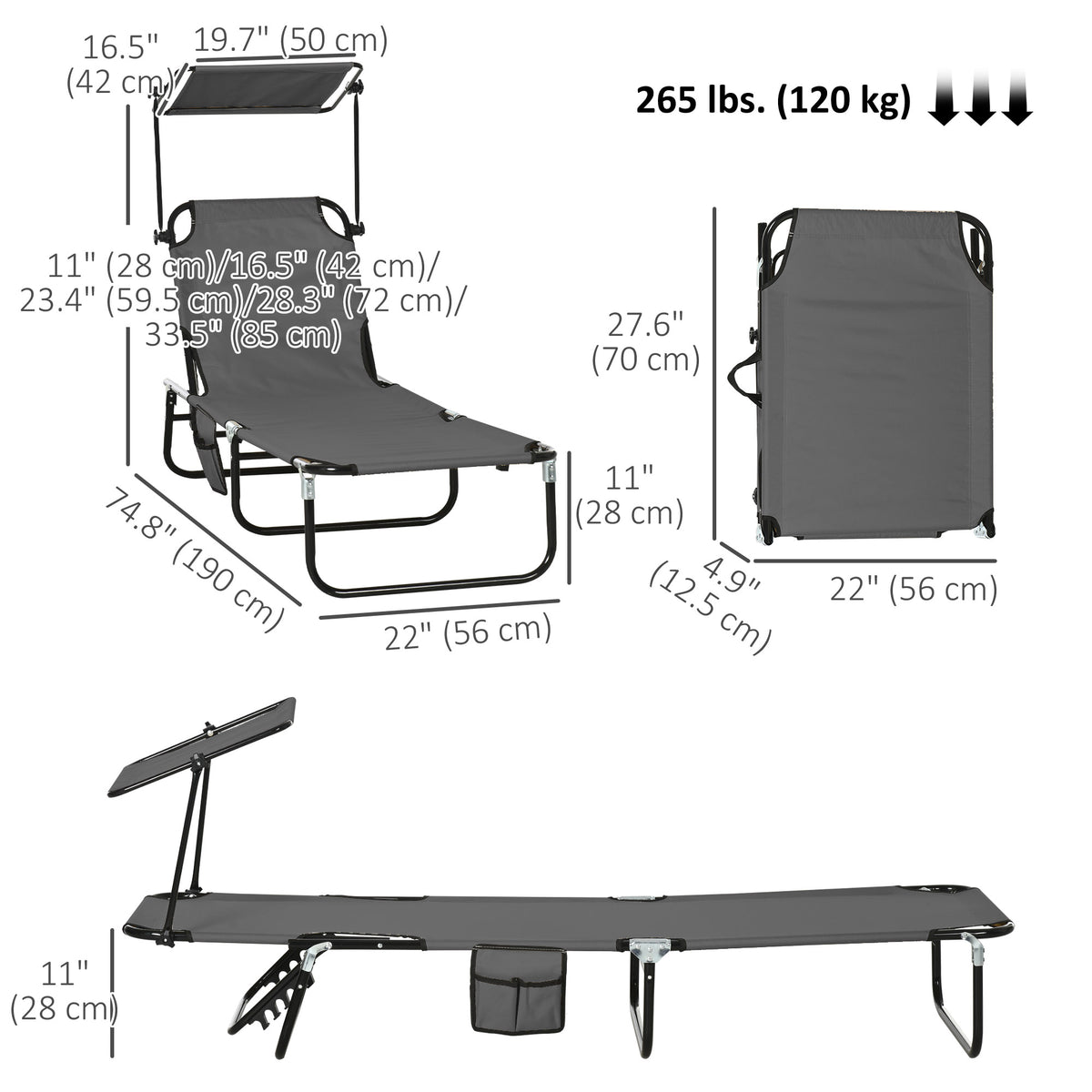 2 Piece Folding Outdoor Chaise Lounges, Pool Tanning Chairs with Reclining Back, Sunshade for Beach, Patio, Dark Grey