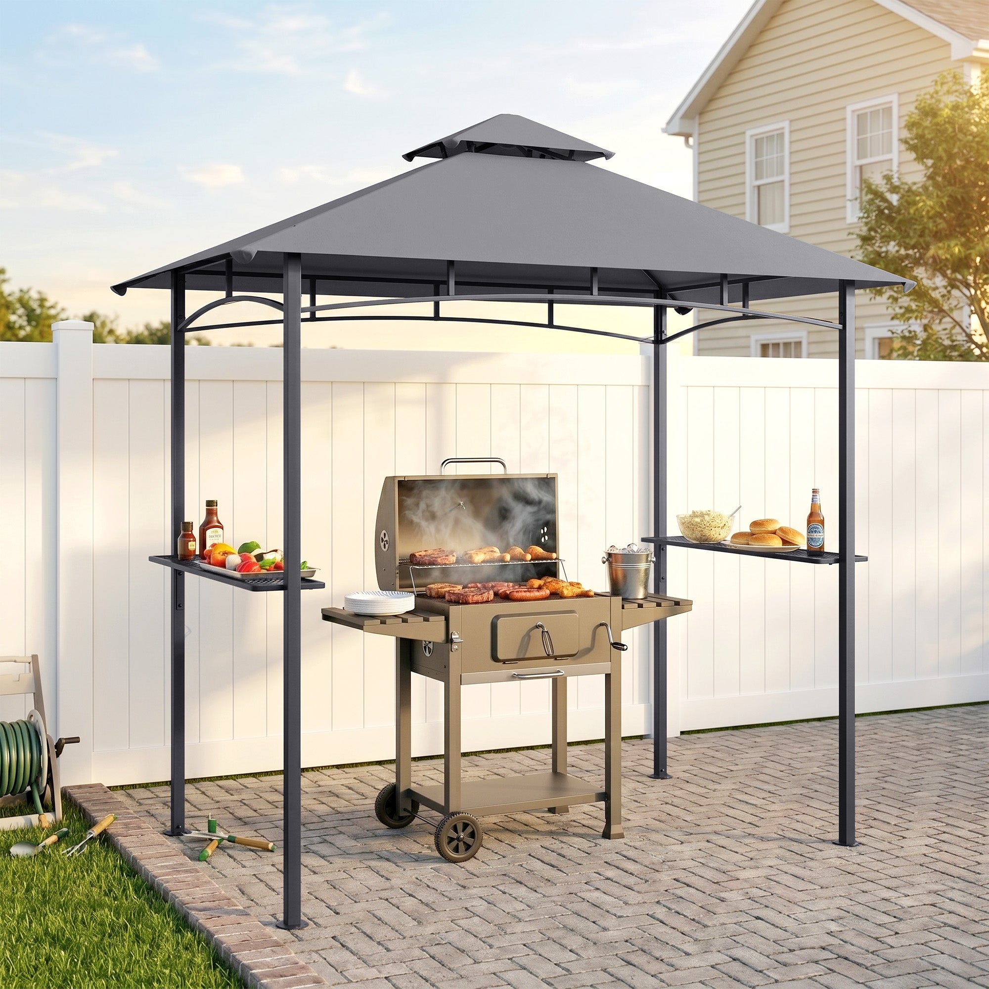 8' x 5' ናይ BBQ ግሪል ጋዜቦ ድንኳን ምስ ድርብ ደረጃ ሽውሽውታ ንውሽጣዊ ጸሓይ ጽላል፡ ግራጫ