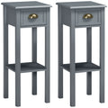 Bedside Table Set of 2, Narrow Side Table with Drawer and Shelf, 2 Tier Tall Nightstand for Bedroom, Grey
