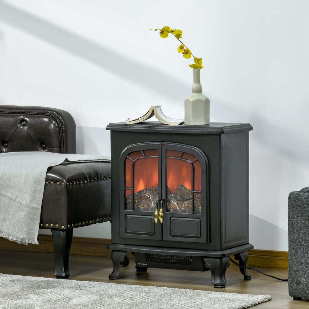 Electric Fireplace Stove Heater with LED Fire Flame Effect, Double Door, Freestanding & Portable with Overheat Protection, 750W/1500W, Black