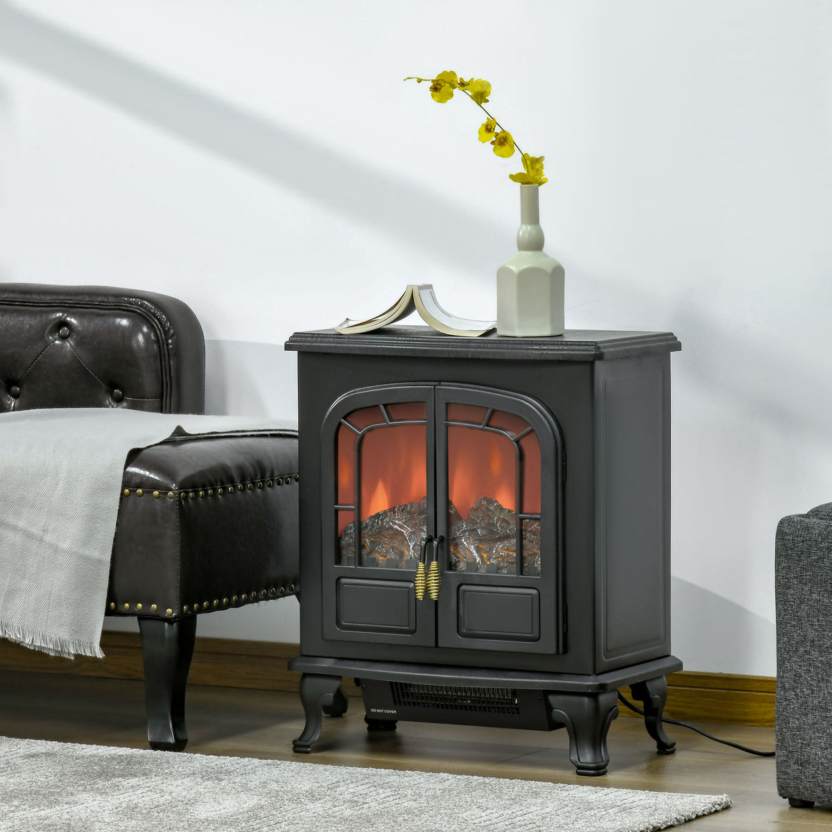 Electric Fireplace Stove Heater with LED Fire Flame Effect, Double Door, Freestanding & Portable with Overheat Protection, 750W/1500W, Black