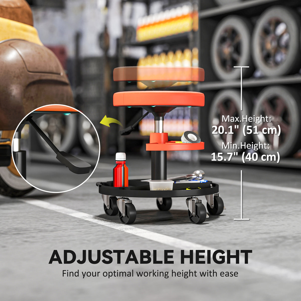 Rolling Garage Stool, 300 LBS Capacity Mechanic Stool with 2.5" Wheels, Tool Trays Storage, Adjustable Height, Orange