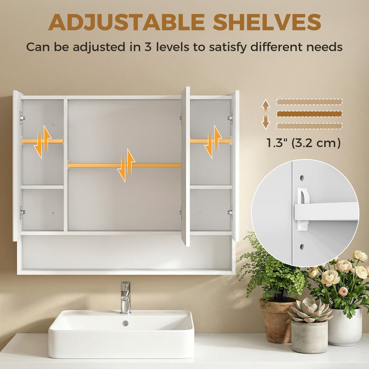 Wall Mounted Bathroom Medicine Cabinet with Mirror and Adjustable Shelves, Grey